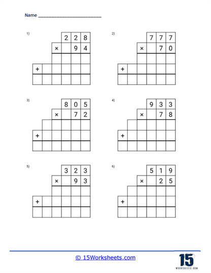 Triple and Double Digit Multiplication Grid Worksheet
