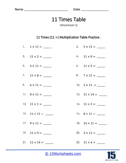 Mixed 11 Times Tables Worksheet