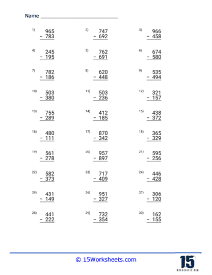 3-Digit Regroup Difference Worksheet