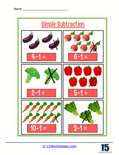 Vegetable Subtract Worksheet