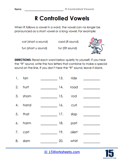 R Controlled Vowels Worksheets Worksheets Com