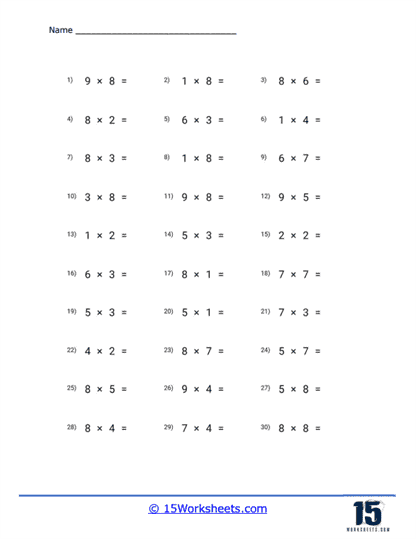 Horizontal Single Digit Multiplication Worksheet