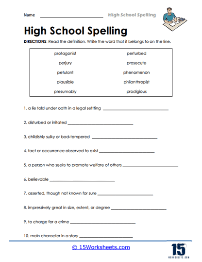High School Spelling Sentences Worksheet