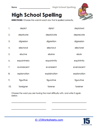 Rows of Spelling Words Worksheet