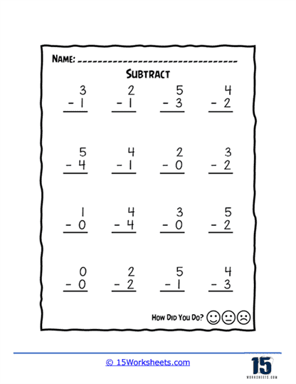 Subtract Within 5 Worksheet