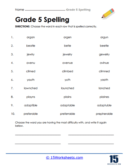 Difficult 5th Grade Spelling Worksheet