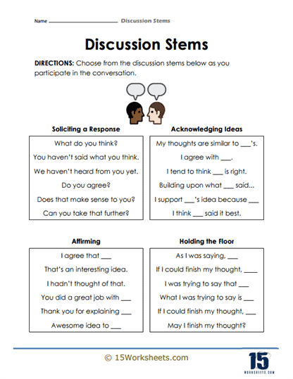 Discussion Stems Worksheets