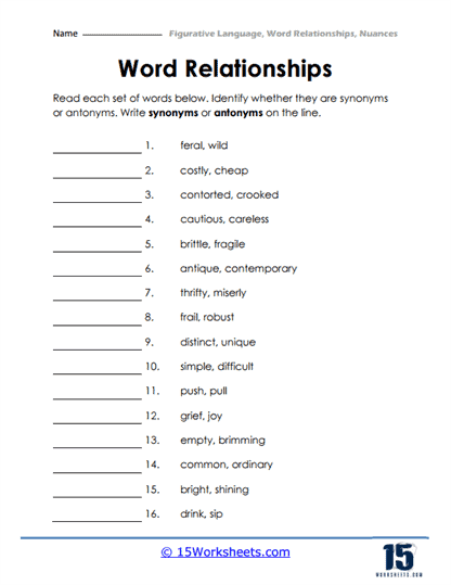 Word Relationships Worksheet