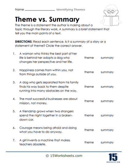 Identifying Themes Worksheets