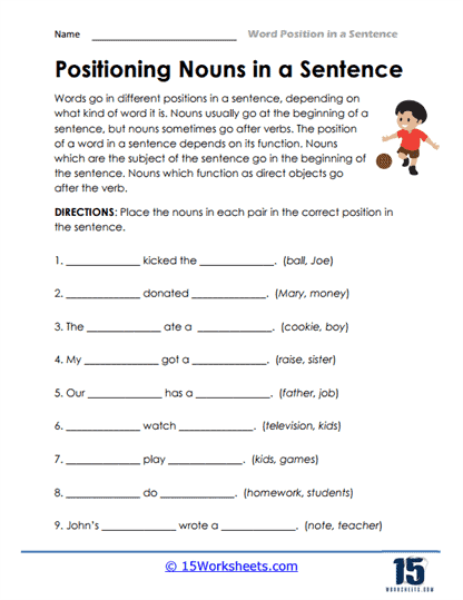 Word Position in a Sentence Worksheets