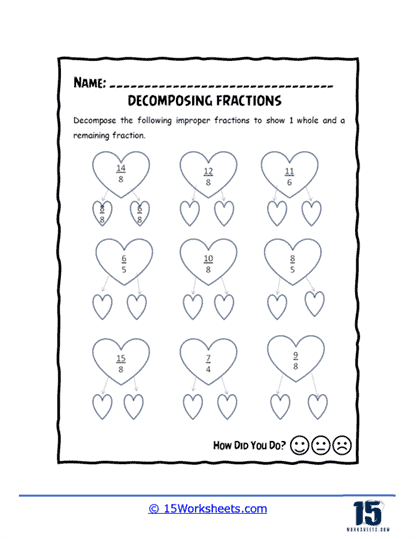 Decomposing Heart Fractions Worksheet