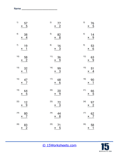 2 digit by 1 digit Multiplication Worksheets