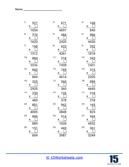 3 digit by 1 digit Multiplication Worksheets