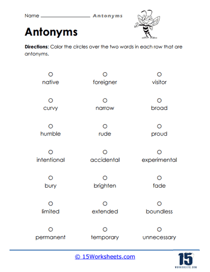 Kindergarten Synonyms Antonyms Circle Cross Words 6