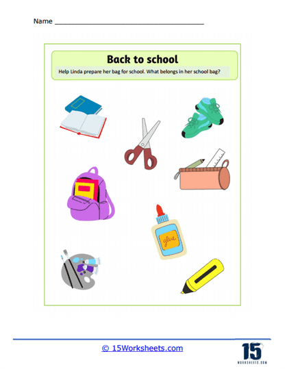 Linda's School Bag Worksheet