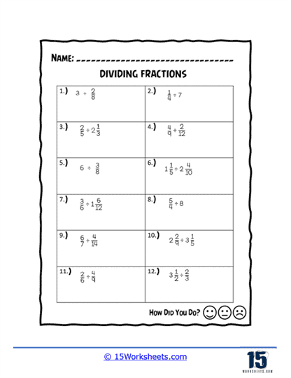 Whole Numbers and Fraction Division Worksheet