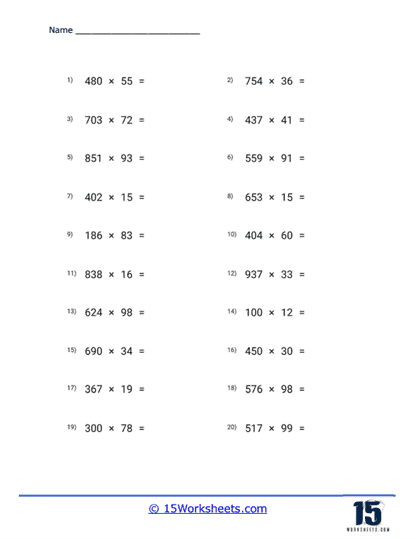 Horizontal Multiply 2 by 3 digit Worksheet