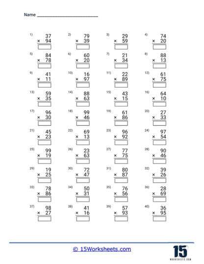 Vertical Double Digit Products Worksheet