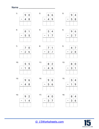 Subtract Two Digits Grids Worksheet