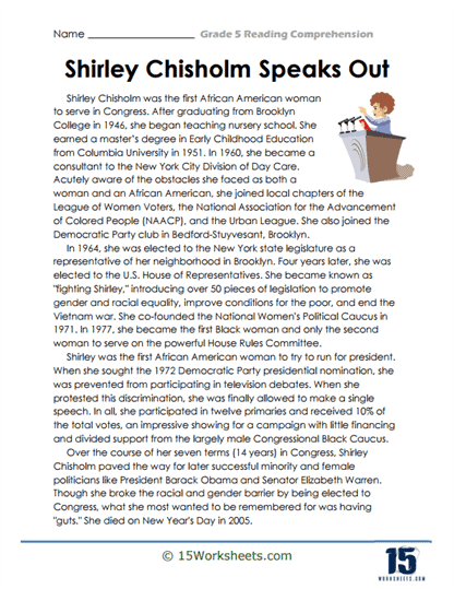 Shirley Chisholm Speaks Out Worksheet