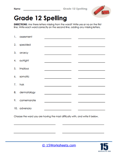 12th Grade Spelling Check Worksheet
