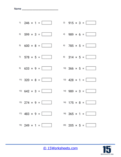 Horizontal 3 by 1 Products Worksheet