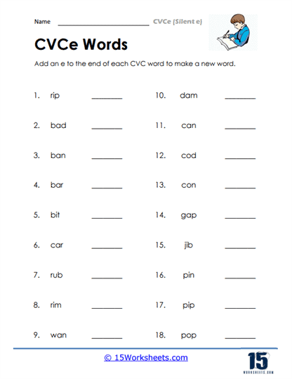 CVCe (Silent e) Worksheets - 15 Worksheets.com