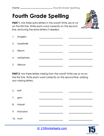 Two Part 4th Grade Spelling Worksheet