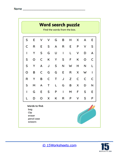 School Objects Word Search Worksheet