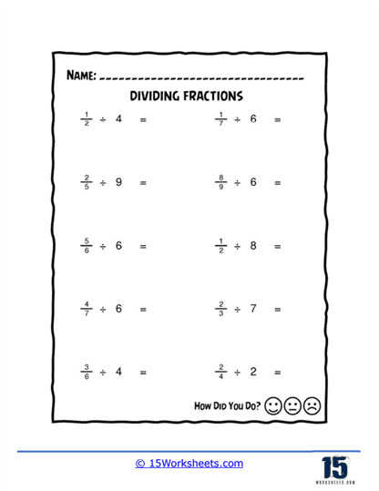 Dividing Fractions by Whole Numbers Worksheet