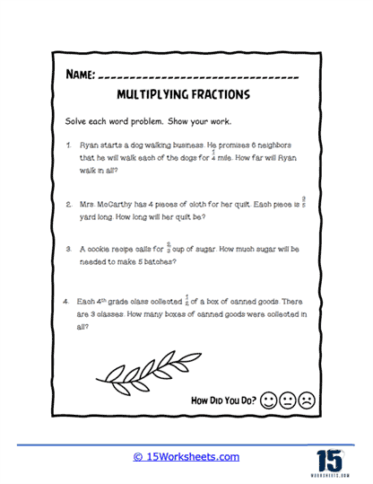 Multiplying Fractions Word Problems Worksheet