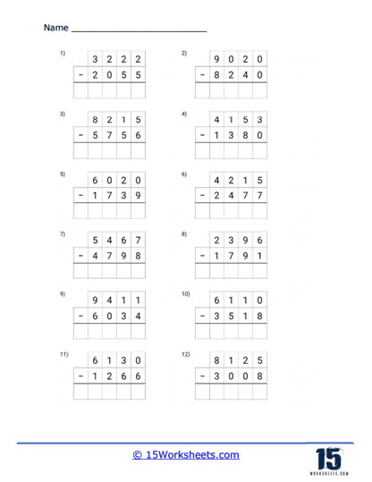 Subtract Four Digits Grids Worksheet