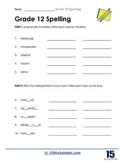 Grade 12 Spelling Review Worksheet
