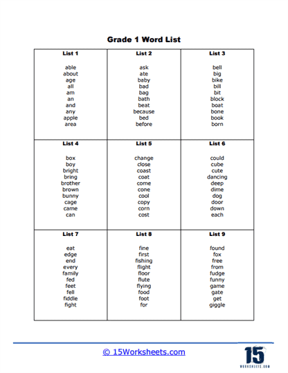 Complete Grade 1 Spelling Word List