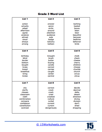 Complete Grade 3 Word List