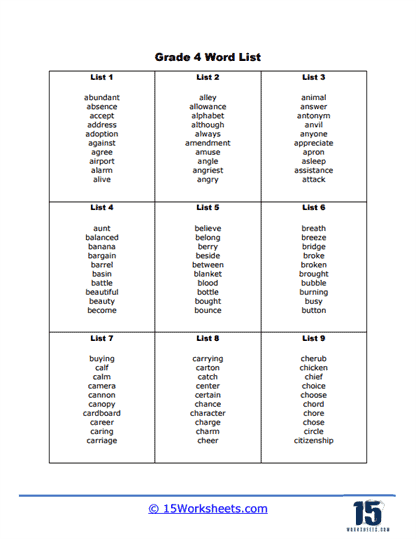 Complete Grade 4 Word List Worksheet