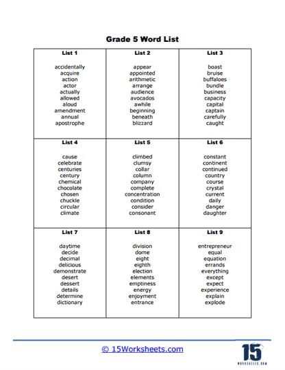 Complete Grade 5 Word List Worksheet