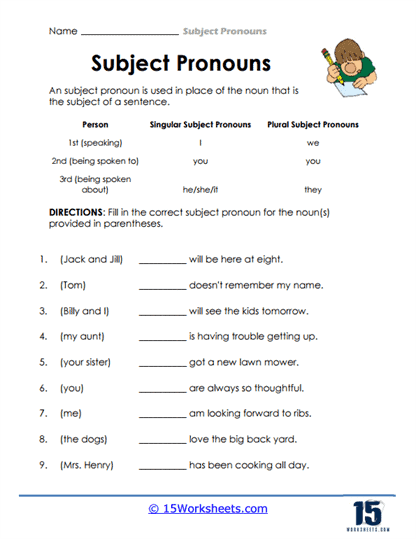 Subject Pronoun Worksheets