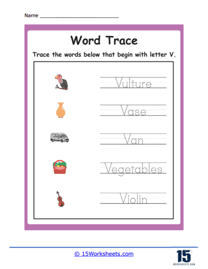 Tracing V Words Worksheet