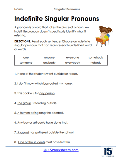 Singular Pronoun Worksheets