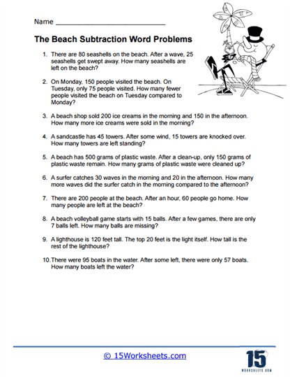 The Beach Subtraction Word Problem Worksheet