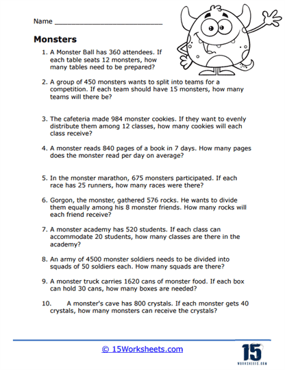 Monster Word Problem Worksheet