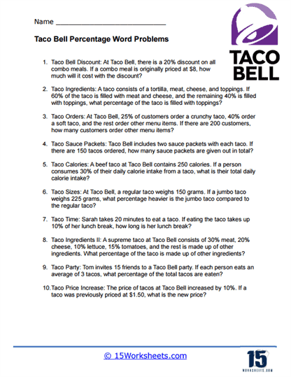 Taco Bell Percentage Word Problem Worksheet