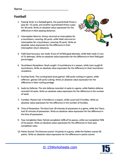 Football Word Problem Worksheet