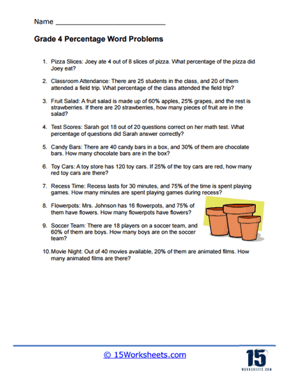 4th Grade Percentage Word Problem Worksheet