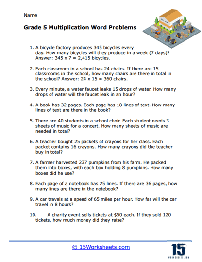 5th Grade Multiplication Word Problem Worksheet