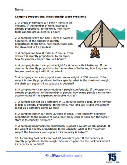 Camping Proportional Relationship Word Problem Worksheet