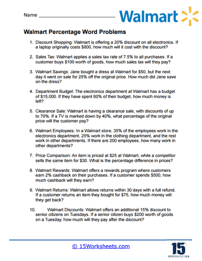 Walmart Percentage Word Problem Worksheet