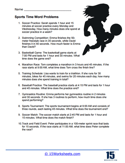 Sports Time Word Problem Worksheet