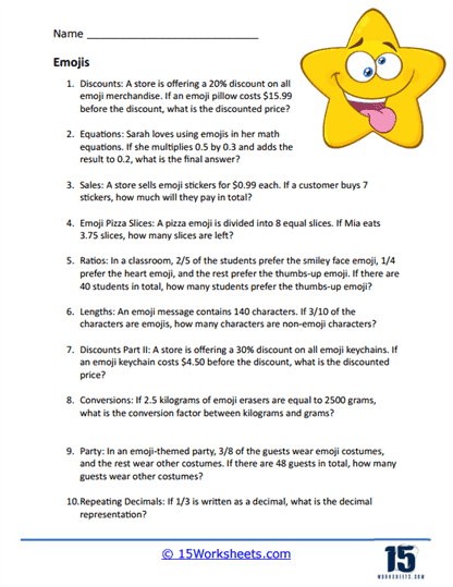 Emoji Word Problem Worksheet